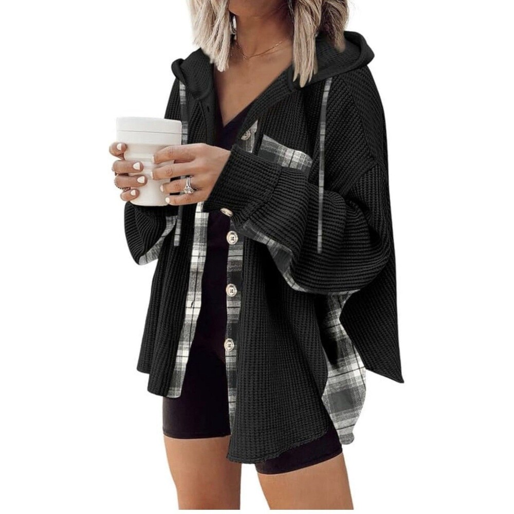 Women's Black Plaid Button-Up Hoodie Shacket Thermal